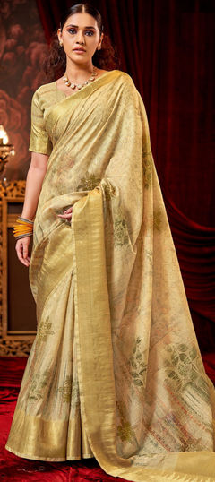 Gold color Saree in Silk fabric with Printed, Weaving work