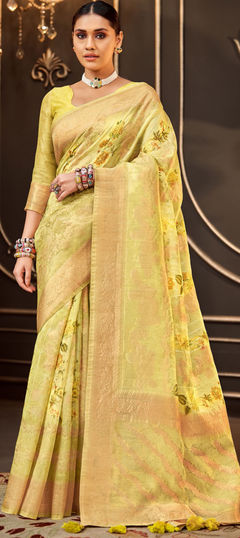 Yellow color Saree in Silk fabric with Floral, Printed, Weaving work