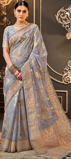 Black and Grey color Saree in Silk fabric with Weaving work