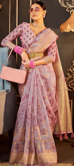 Pink and Majenta color Saree in Silk fabric with Floral, Printed, Weaving work