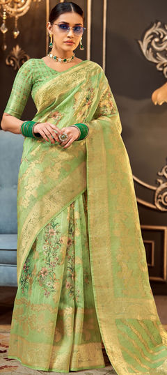 Green color Saree in Silk fabric with Floral, Printed, Weaving work
