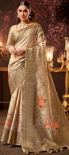 Beige and Brown color Saree in Silk fabric with Printed, Weaving work