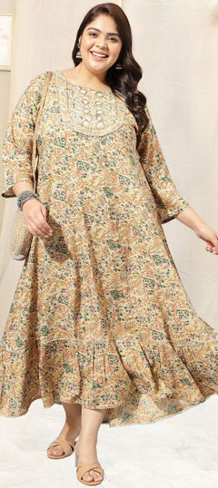 Beige and Brown, Green color Kurti in Rayon fabric with Floral, Gota Patti, Mirror, Sequence work