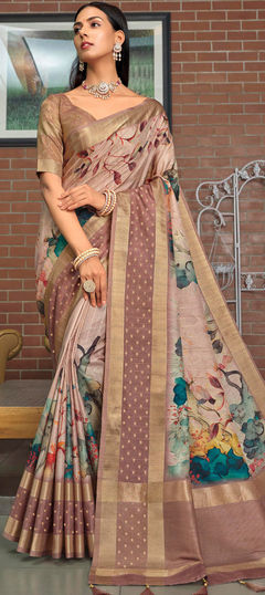 Beige and Brown color Saree in Silk fabric with Floral, Weaving work