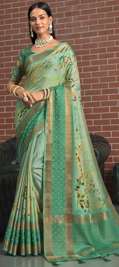 Green color Saree in Silk fabric with Floral, Weaving work