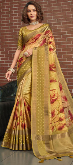 Gold color Saree in Silk fabric with Floral, Weaving work