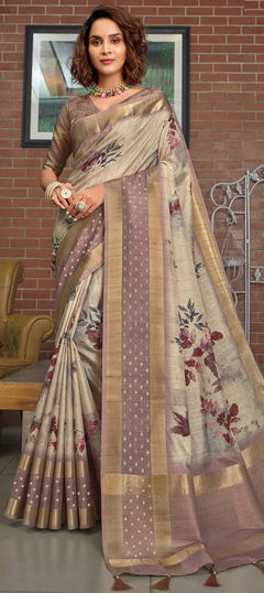 Beige and Brown, Purple and Violet color Saree in Silk fabric with Floral, Weaving work