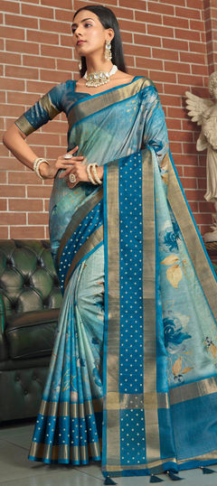 Blue color Saree in Silk fabric with Floral, Weaving work