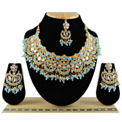 Gold Rodium Polish Blue color Necklace in Metal Alloy studded with CZ Diamond, Kundan