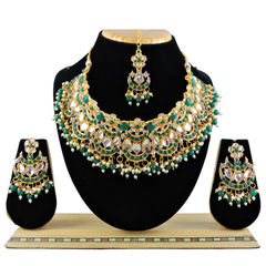 Gold Rodium Polish Green color Necklace in Metal Alloy studded with CZ Diamond, Kundan
