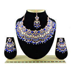 Gold Rodium Polish Blue color Necklace in Metal Alloy studded with CZ Diamond, Pearl