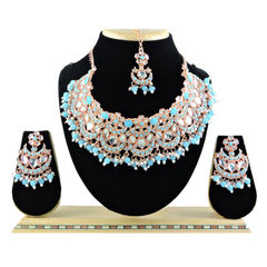 Gold Rodium Polish Blue color Necklace in Metal Alloy studded with CZ Diamond, Pearl