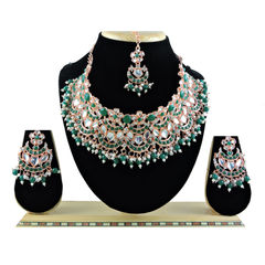 Gold Rodium Polish Green color Necklace in Metal Alloy studded with CZ Diamond, Pearl