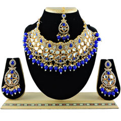 Gold Rodium Polish Blue color Necklace in Metal Alloy studded with CZ Diamond, Pearl