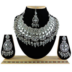 Silver Rodium Polish Black and Grey color Necklace in Metal Alloy studded with CZ Diamond, Pearl