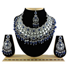 Silver Rodium Polish Blue color Necklace in Metal Alloy studded with CZ Diamond, Pearl