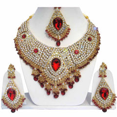 Gold Rodium Polish Red and Maroon color Necklace in Metal Alloy studded with CZ Diamond, Kundan