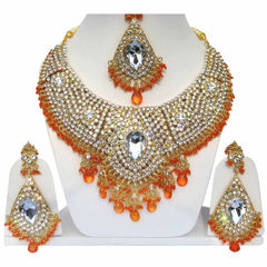 Gold Rodium Polish Orange color Necklace in Metal Alloy studded with CZ Diamond, Kundan