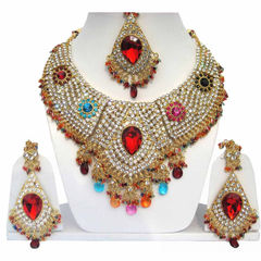 Gold Rodium Polish Multicolor color Necklace in Metal Alloy studded with CZ Diamond, Kundan