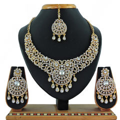 Gold Rodium Polish Gold, White and Off White color Necklace in Metal Alloy studded with Austrian diamond, Kundan