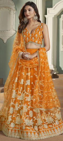 Yellow color Lehenga in Net fabric with Embroidered, Sequence, Thread work