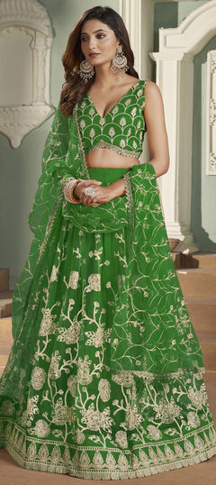 Green color Lehenga in Net fabric with Embroidered, Sequence, Thread work