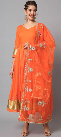 Orange color Salwar Kameez in Rayon, Viscose fabric with Gota Patti work