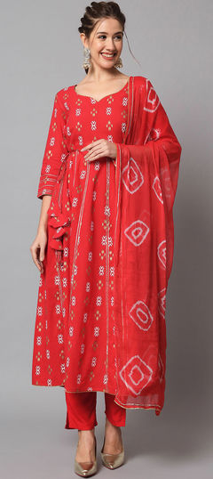 Red and Maroon color Salwar Kameez in Rayon fabric with Gota Patti, Printed work