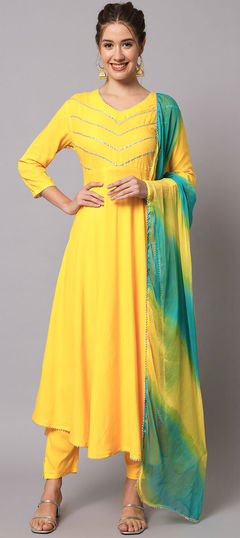 Yellow color Salwar Kameez in Rayon fabric with Gota Patti work