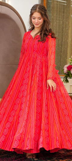 Engagement, Festive, Reception Red and Maroon color Gown in Georgette fabric with Bandhej, Digital Print work : 1914389