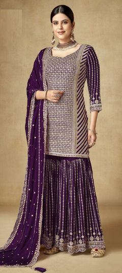 Festive, Reception, Wedding Purple and Violet color Salwar Kameez in Art Silk fabric with Sharara, Straight Embroidered, Sequence, Thread, Zari work : 1914424