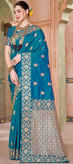 Blue color Saree in Silk fabric with Weaving, Zari work