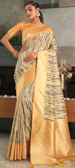 Beige and Brown color Saree in Silk fabric with Floral, Printed, Weaving work