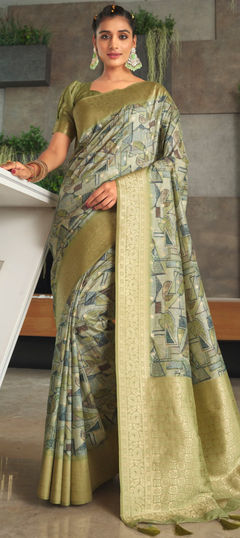 Green color Saree in Silk fabric with Floral, Printed, Weaving work