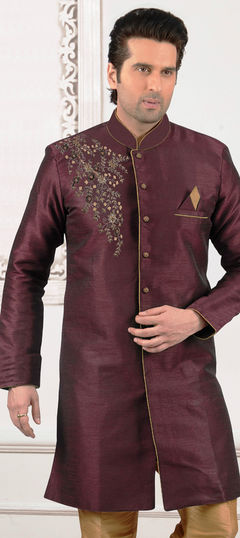 Purple and Violet color Kurta in Dupion Silk fabric with Embroidered work