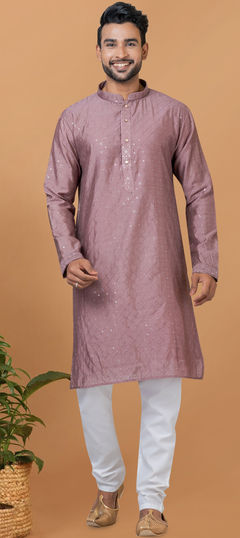 Purple and Violet color Kurta Pyjamas in Cotton, Viscose fabric with Embroidered, Sequence work