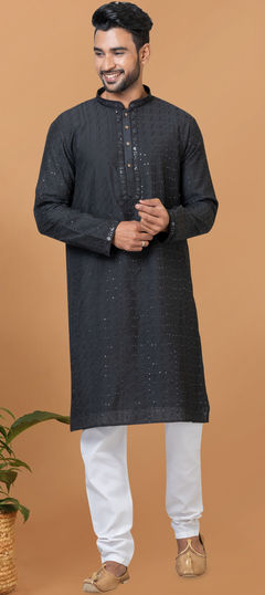 Black and Grey color Kurta Pyjamas in Cotton, Viscose fabric with Embroidered, Sequence work