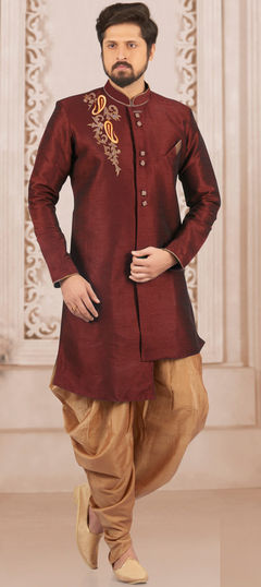 Red and Maroon color IndoWestern Dress in Dupion Silk fabric with Embroidered work