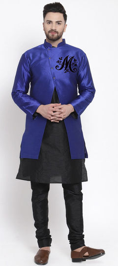 Black and Grey color Kurta Pyjama with Jacket in Dupion Silk fabric with Embroidered, Thread work