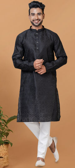 Black and Grey color Kurta Pyjamas in Silk fabric with Sequence, Thread work