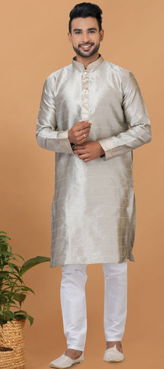 Black and Grey color Kurta Pyjamas in Silk fabric with Sequence, Thread work