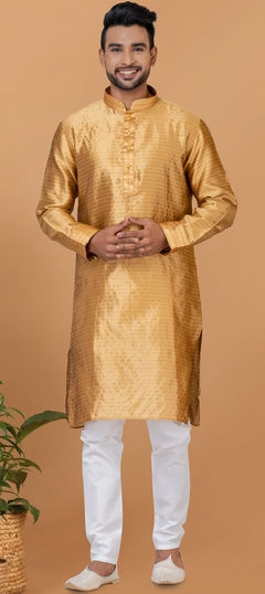 Gold color Kurta Pyjamas in Silk fabric with Sequence, Thread work