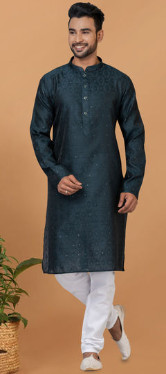 Green color Kurta Pyjamas in Silk fabric with Sequence, Thread work