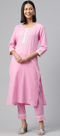 Festive, Summer Pink and Majenta color Salwar Kameez in Cotton fabric with Straight Embroidered, Resham, Sequence, Thread work : 1914687