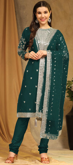 Green color Salwar Kameez in Faux Georgette fabric with Embroidered, Sequence, Thread work