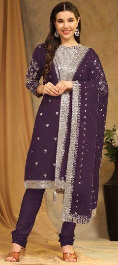Purple and Violet color Salwar Kameez in Faux Georgette fabric with Embroidered, Sequence, Thread work