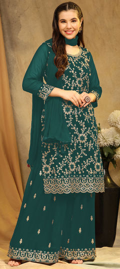 Blue color Salwar Kameez in Georgette fabric with Embroidered, Resham, Sequence, Thread work