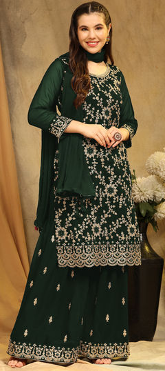 Green color Salwar Kameez in Georgette fabric with Embroidered, Resham, Sequence, Thread work