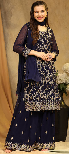 Blue color Salwar Kameez in Georgette fabric with Embroidered, Resham, Sequence, Thread work