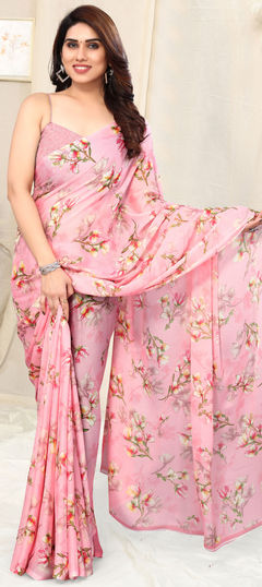 Pink and Majenta color Saree in Faux Chiffon fabric with Floral, Printed work
